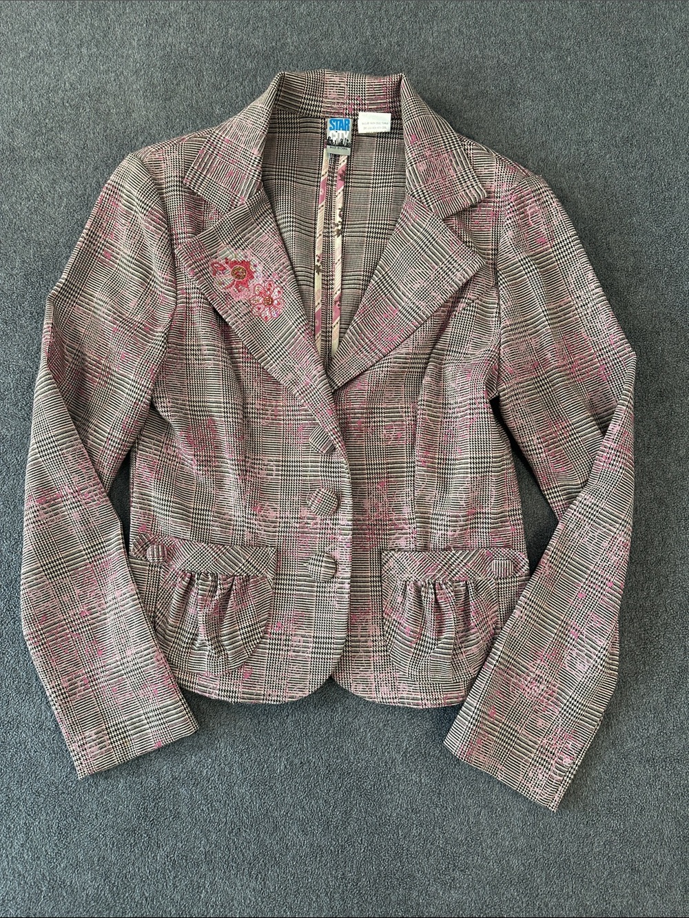 Star City Pink & Gray Plaid Embroidered Tailored Blazer (S)